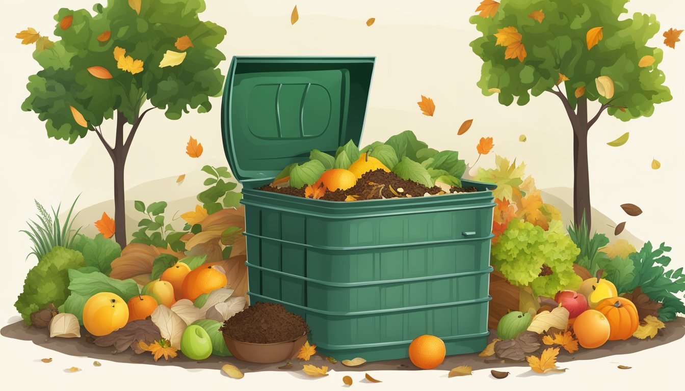 A backyard compost bin surrounded by a variety of organic waste, including fruit and vegetable scraps, grass clippings, and fallen leaves