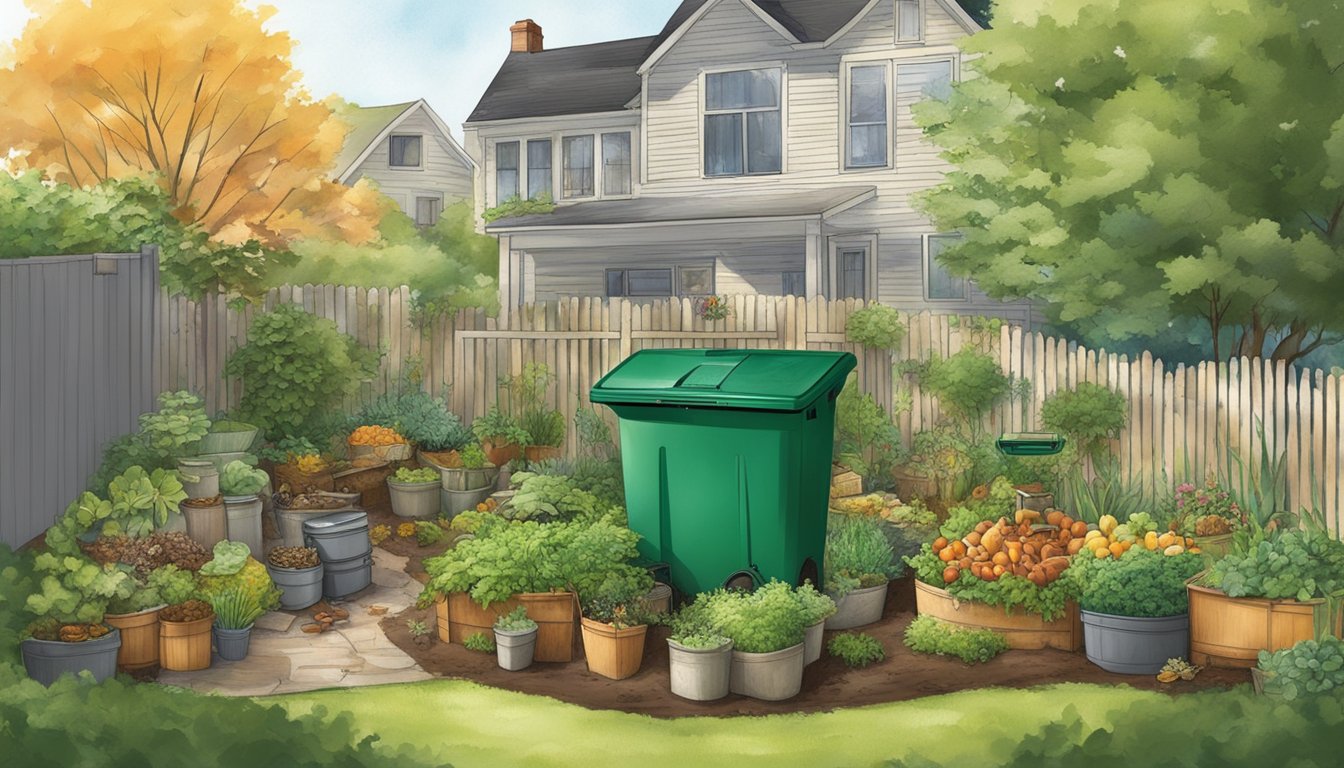 A backyard in Dayton, Ohio with a compost bin surrounded by greenery and a variety of food scraps and yard waste being added to the bin