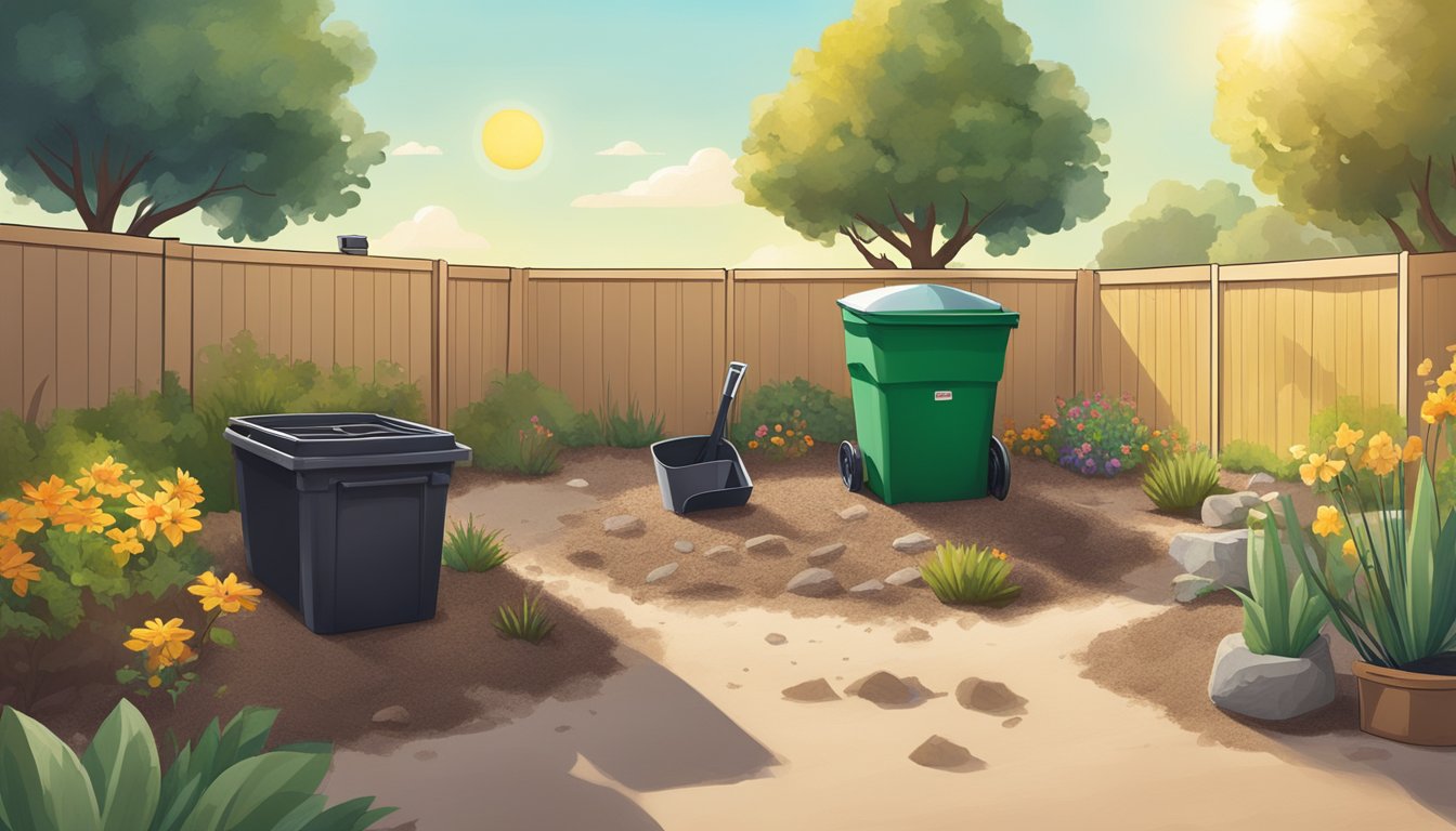 A backyard in Sparks, NV with a compost bin, shovel, and various organic materials scattered around. The sun is shining and there are birds in the distance