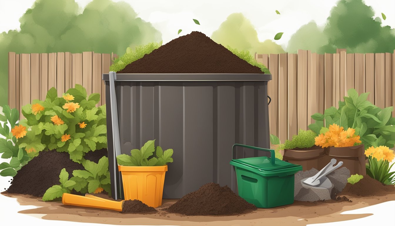 A backyard compost bin with a mix of green and brown organic waste surrounded by gardening tools and a small pile of finished compost