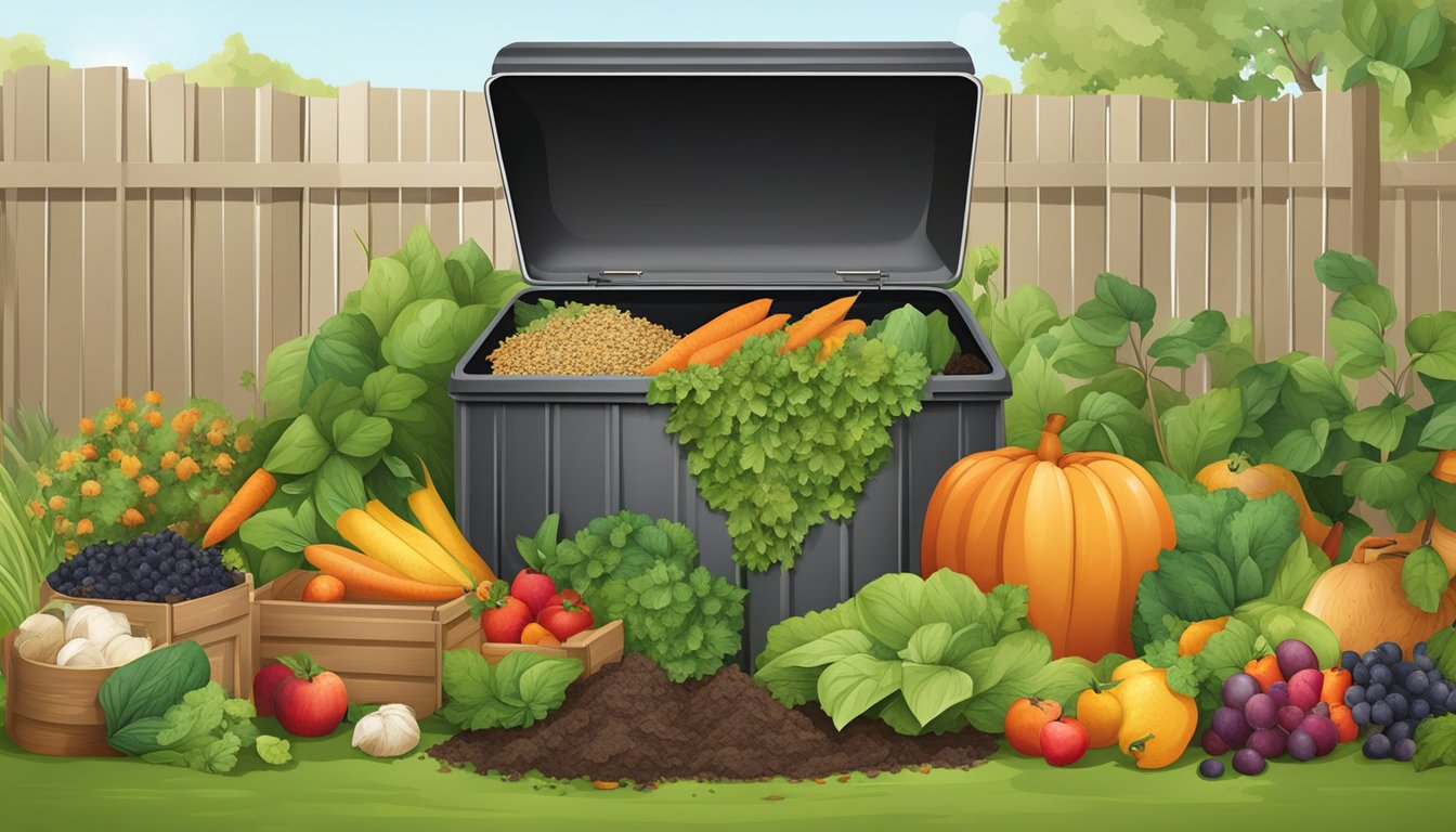 A backyard compost bin surrounded by a variety of organic materials such as fruit and vegetable scraps, leaves, and grass clippings