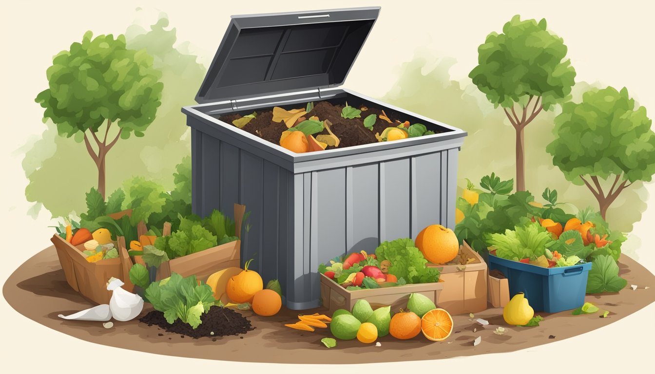 A backyard compost bin surrounded by various types of organic waste, including fruit and vegetable scraps, yard clippings, and paper materials