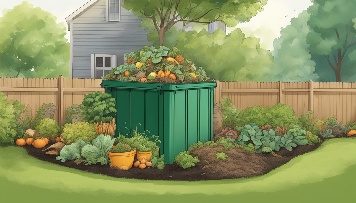 A backyard compost bin filled with food scraps and yard waste, surrounded by a lush garden in Buffalo, NY