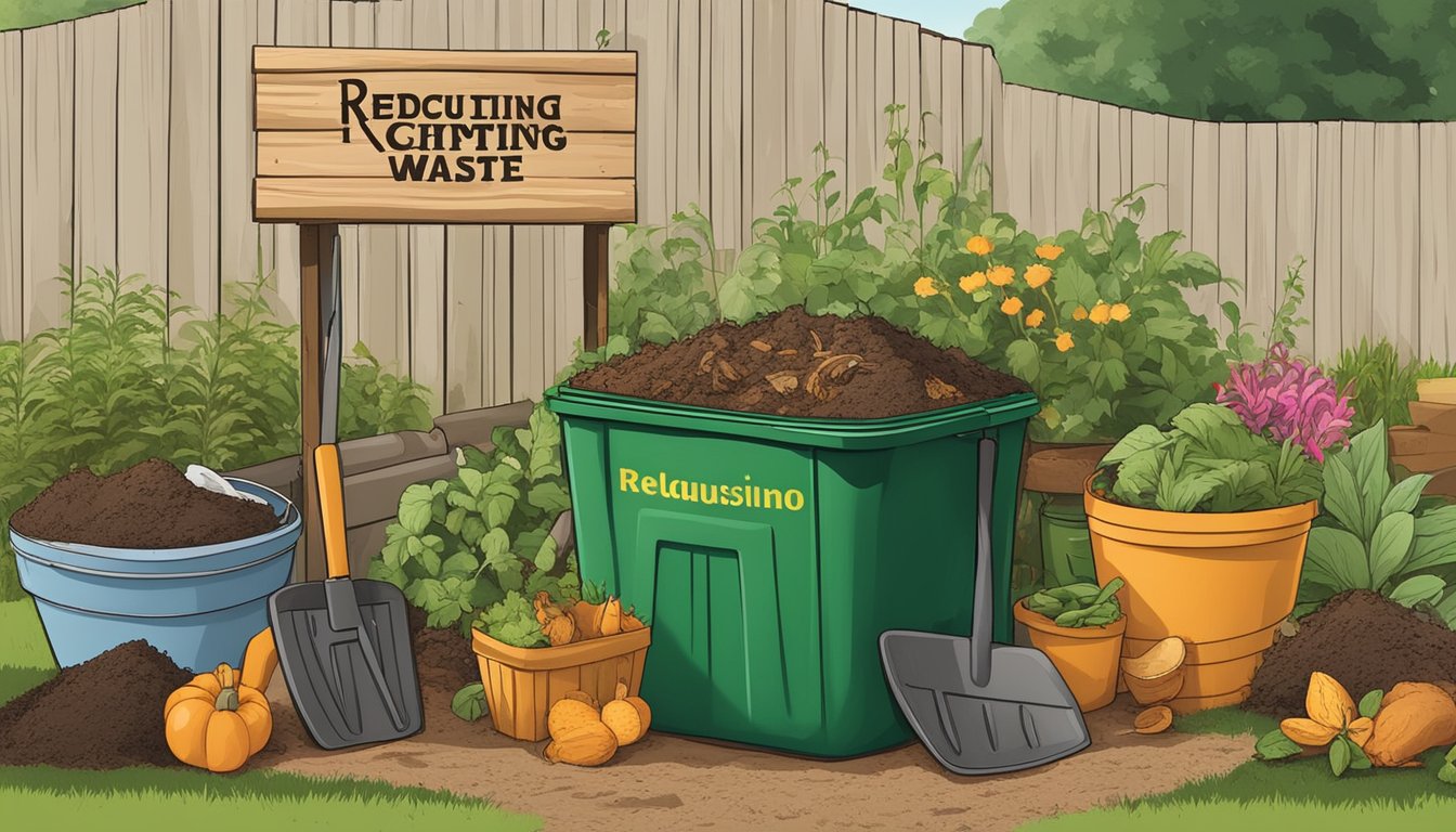 A backyard compost bin with food scraps and yard waste surrounded by gardening tools and a sign for "Reducing Kitchen Waste guide to composting in Dayton, OH."