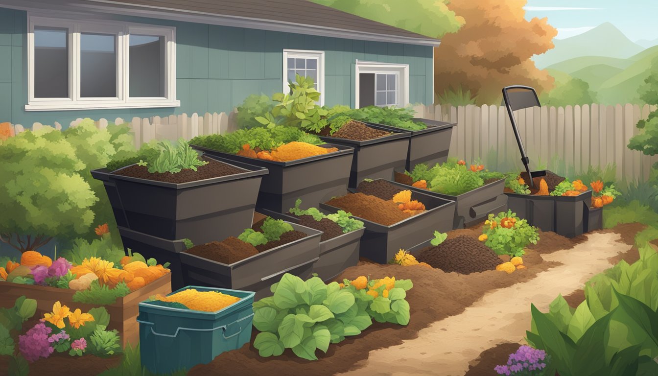 A backyard composting setup with a variety of composting bins, a shovel, and a pile of organic waste surrounded by greenery