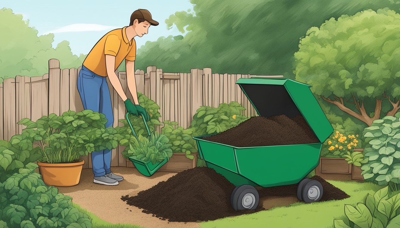 A person turning a compost pile in a backyard garden, surrounded by green plants and a compost bin