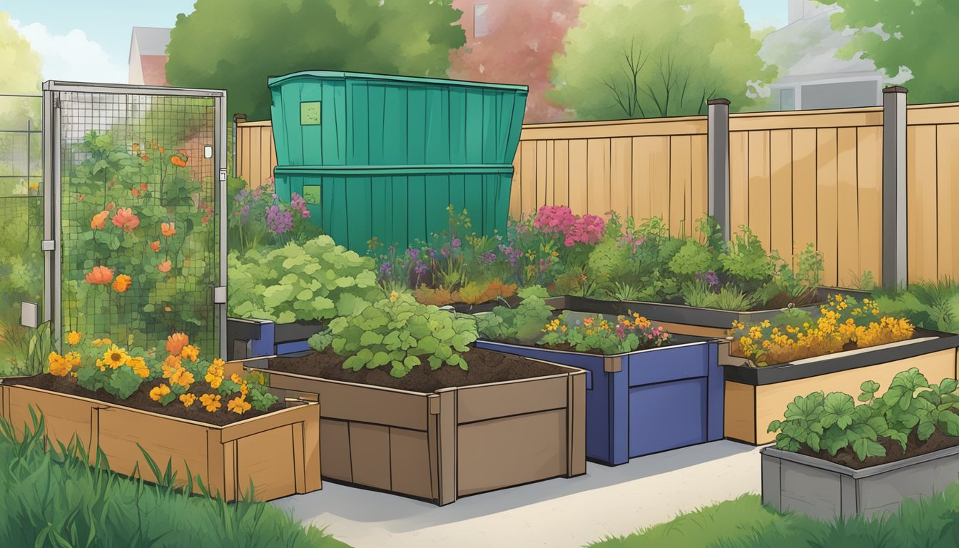 A vibrant community garden in Dayton, Ohio, with compost bins and educational signage. Nearby, a local impact and resources guide to composting