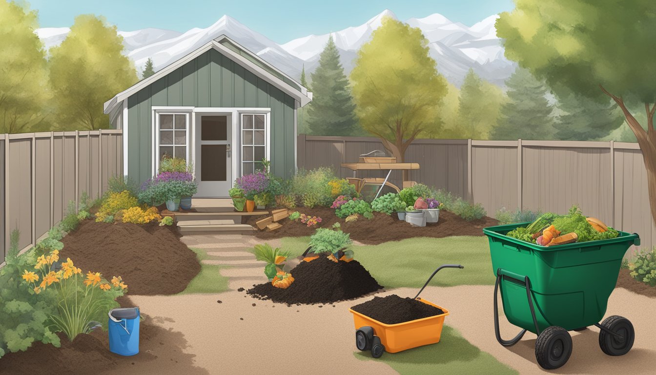 A backyard in Sparks, NV with a compost bin, gardening tools, and a variety of organic waste being added to the compost pile