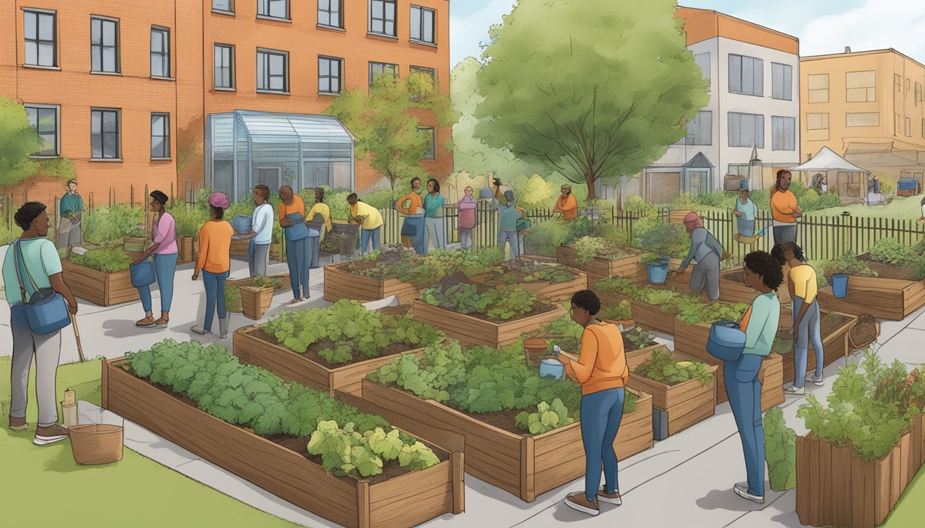 A community garden with compost bins, a diverse group of people working together, and a sign promoting sustainable practices in Buffalo, NY