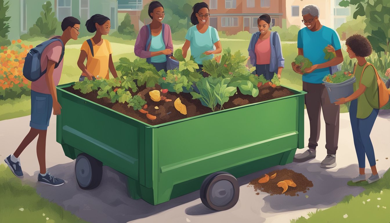 A group of people gather around a large compost bin, adding food scraps and yard waste. Nearby, a community garden thrives with lush, green plants