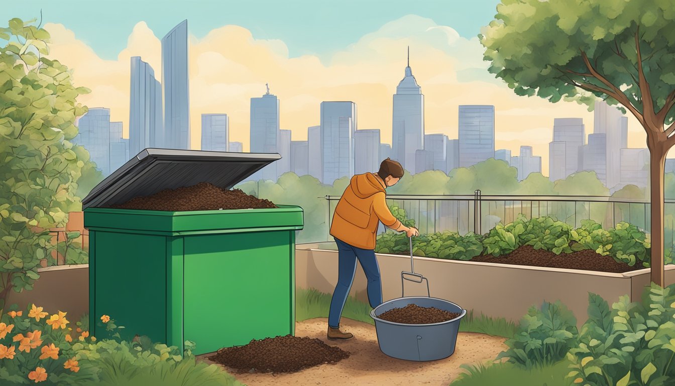 A person adding food scraps to a compost bin in a backyard garden, with a city skyline in the background