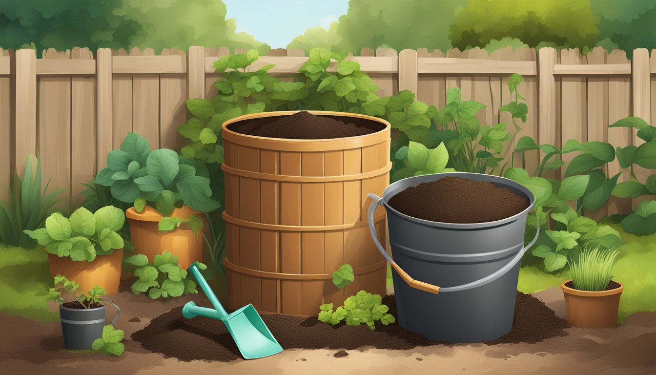 A backyard compost bin surrounded by a mix of green and brown organic materials, with a shovel and watering can nearby