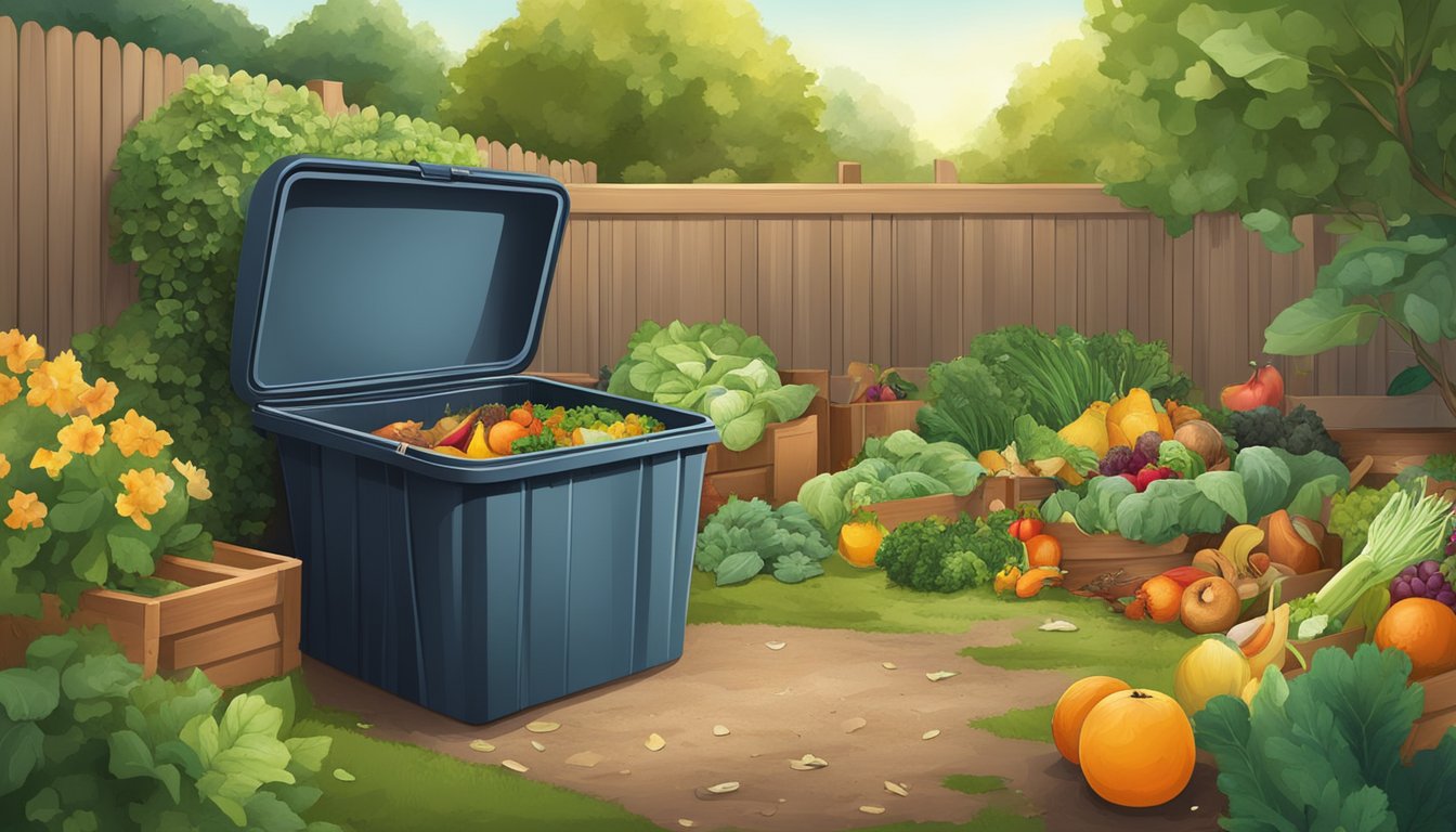 A backyard with a compost bin surrounded by a variety of organic waste, including fruit and vegetable scraps, leaves, and grass clippings