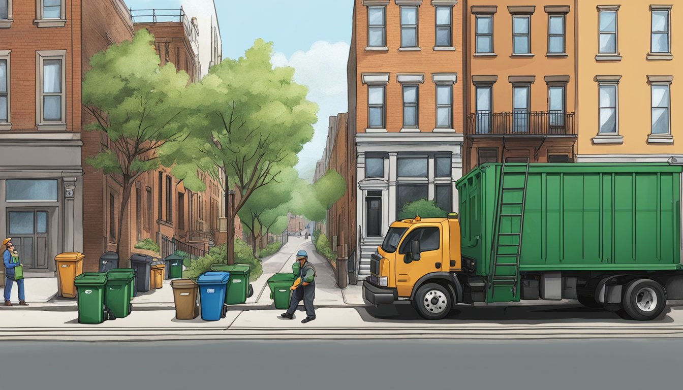 A bustling city street with a row of brownstone buildings, each with designated curbside composting bins. A sanitation worker empties a bin into a larger composting truck