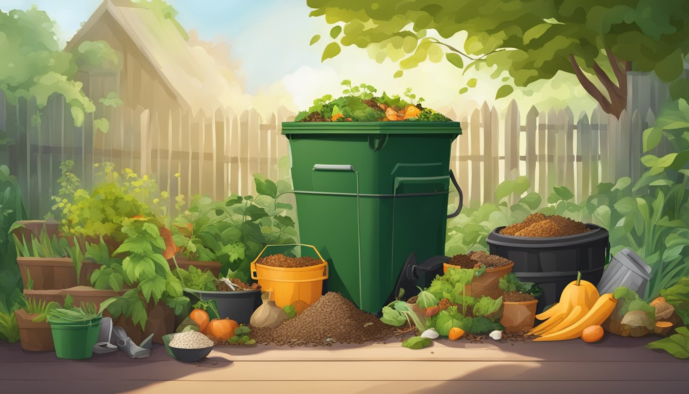 A backyard compost bin surrounded by green plants and a variety of food scraps and yard waste