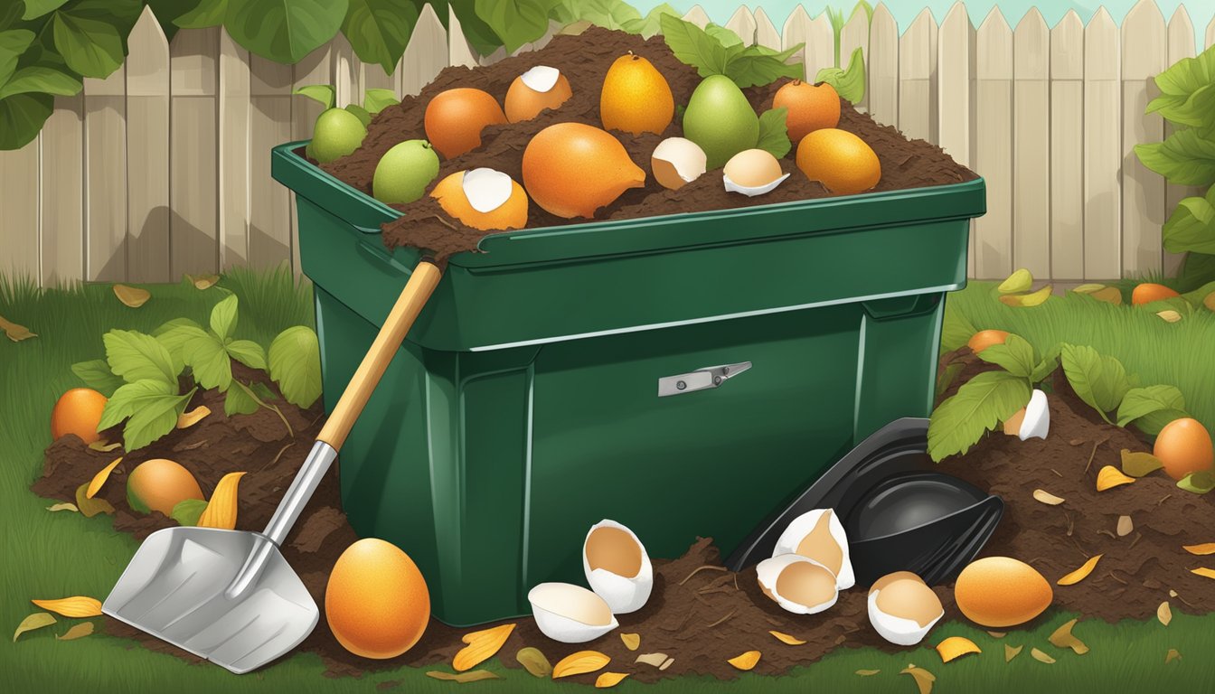 A pile of organic materials, including fruit peels, leaves, and eggshells, surrounded by a compost bin and a shovel in a backyard garden