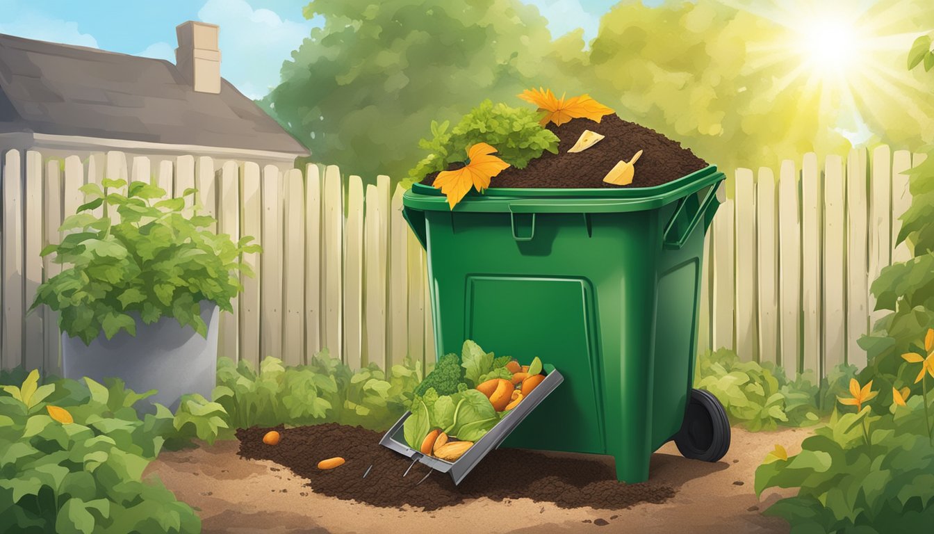 A backyard compost bin surrounded by greenery and a small shovel, with a mix of food scraps and yard waste inside, under the sunny Syracuse sky