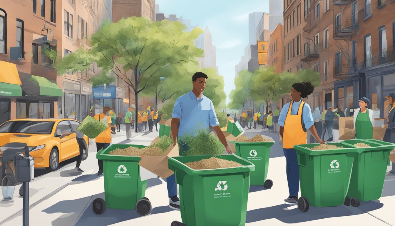 A bustling New York City street with people sorting compostable materials into designated bins, while a city worker monitors the process for compliance