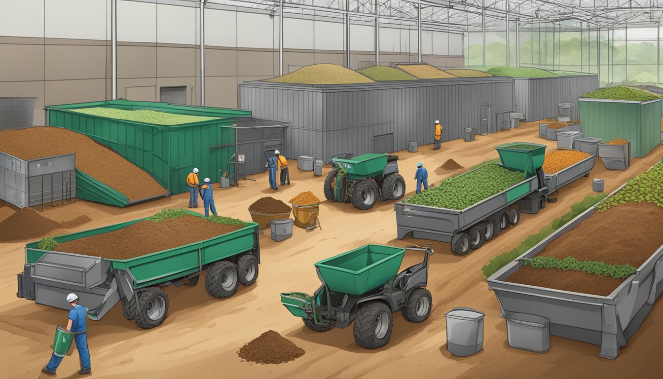 A bustling compost facility with rows of bins, piles of organic waste, and workers turning and monitoring the composting process