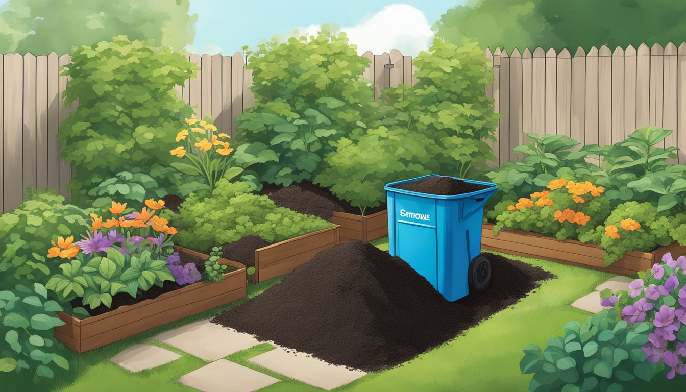 A backyard in Syracuse, NY with a compost bin, gardening tools, and a pile of finished compost surrounded by lush green plants