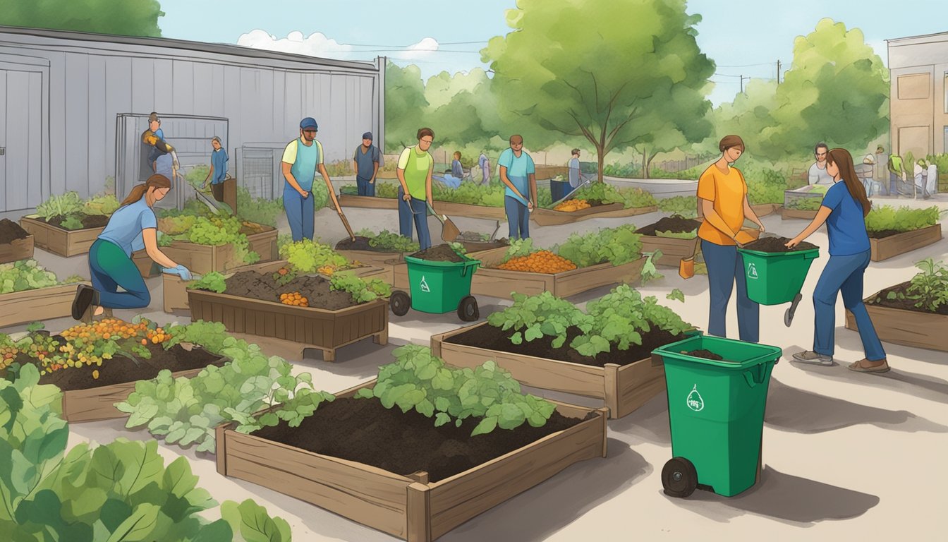 A group of people working together to compost in a community garden, surrounded by greenery and composting bins in Syracuse, NY