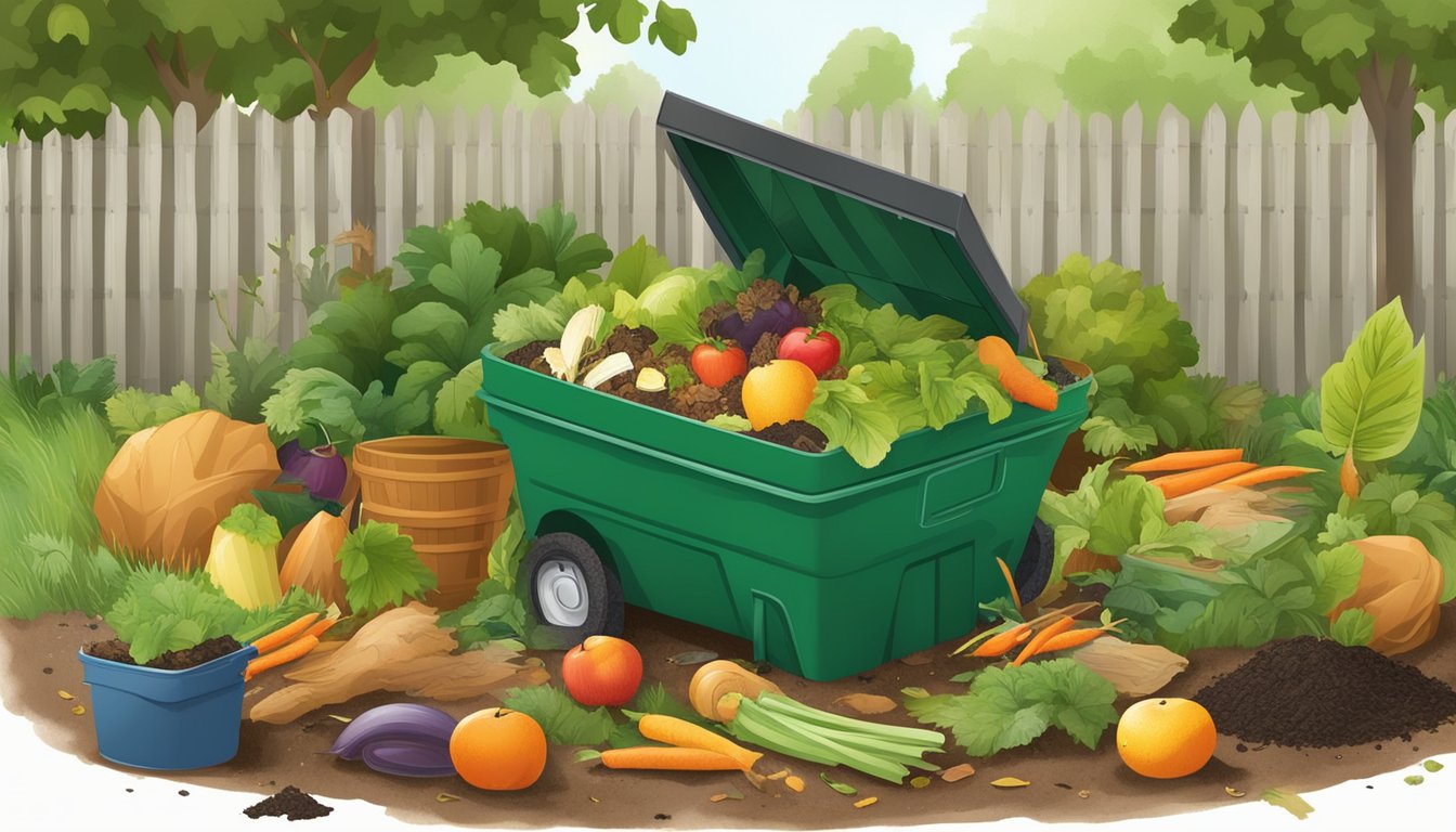 A backyard compost bin surrounded by a variety of organic waste, including fruit and vegetable scraps, leaves, and grass clippings. A small shovel and gardening gloves are nearby