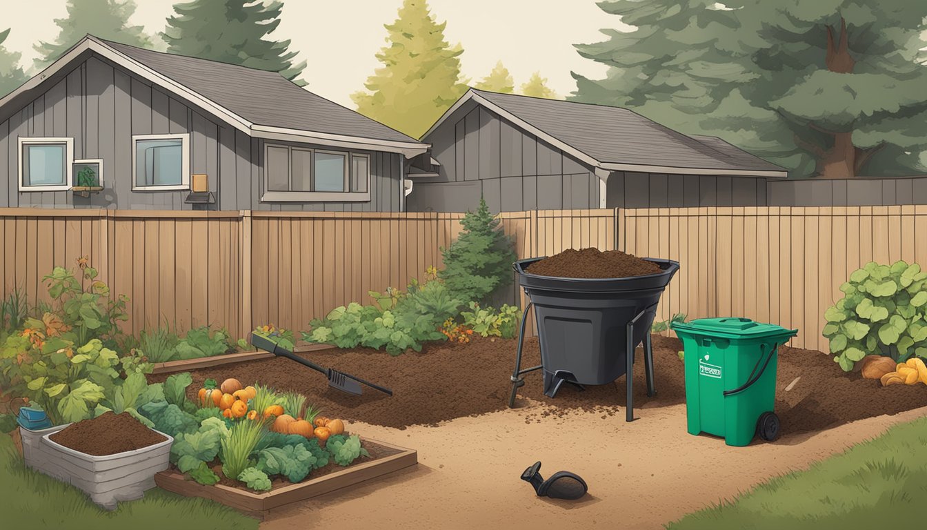 A backyard in Bend, Oregon with a compost bin, gardening tools, and a variety of organic waste being added to the compost pile