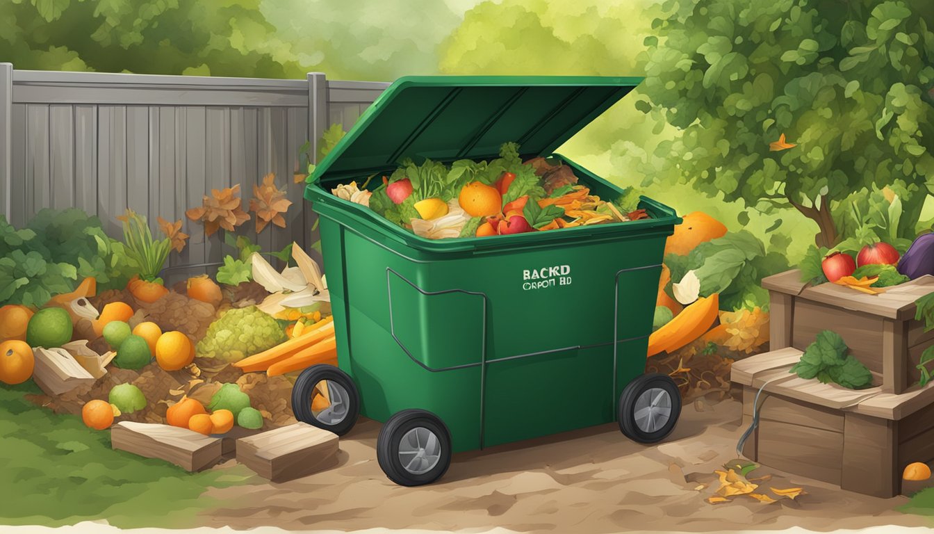 A backyard compost bin surrounded by a variety of organic waste, such as fruit peels, vegetable scraps, and yard clippings