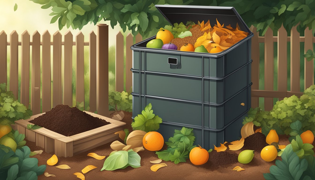 A backyard compost bin surrounded by a variety of organic materials such as fruit peels, vegetable scraps, coffee grounds, and dry leaves