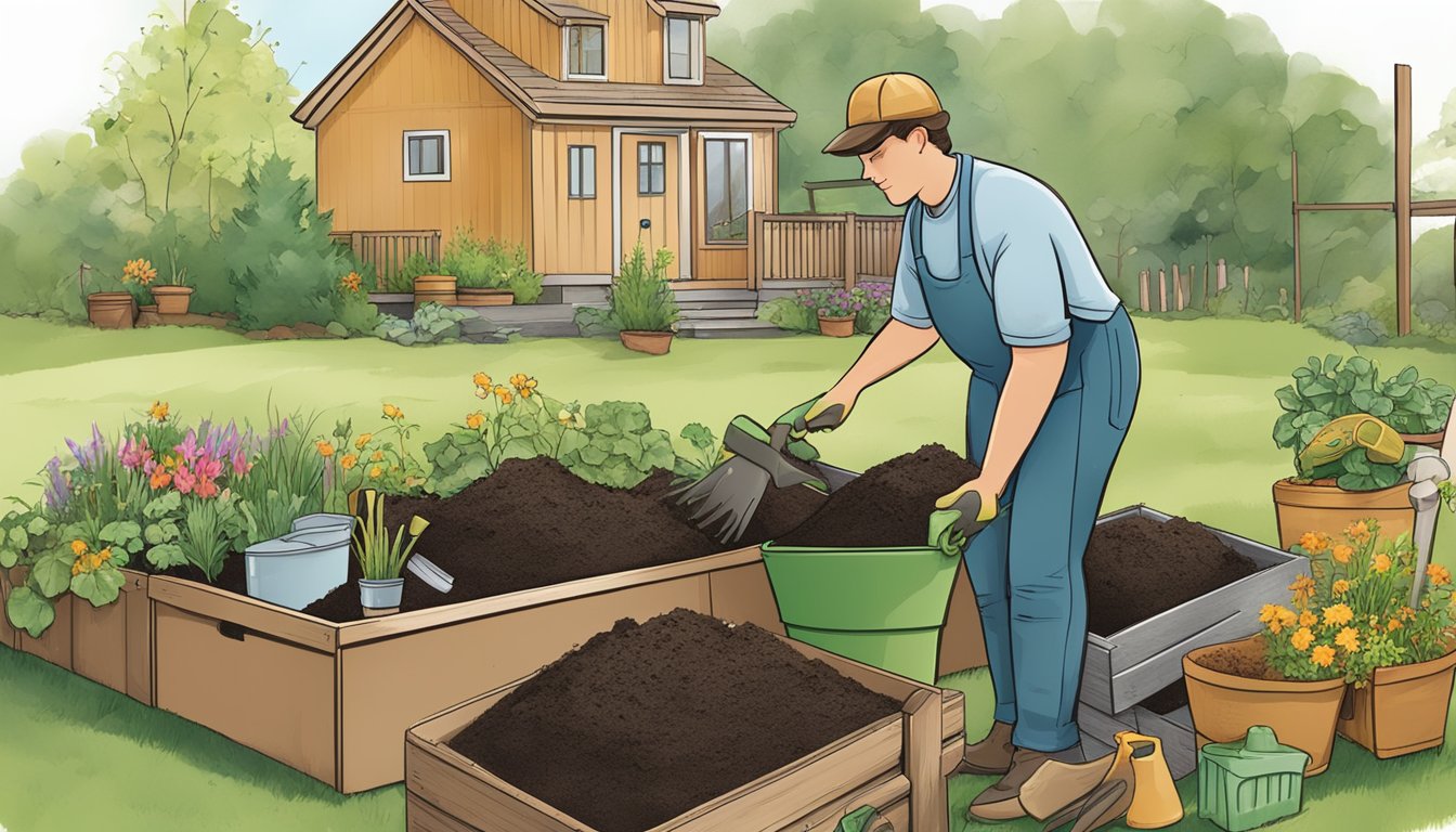 A person setting up a compost system in a backyard in Akron, OH, surrounded by gardening tools, a compost bin, and various organic waste materials