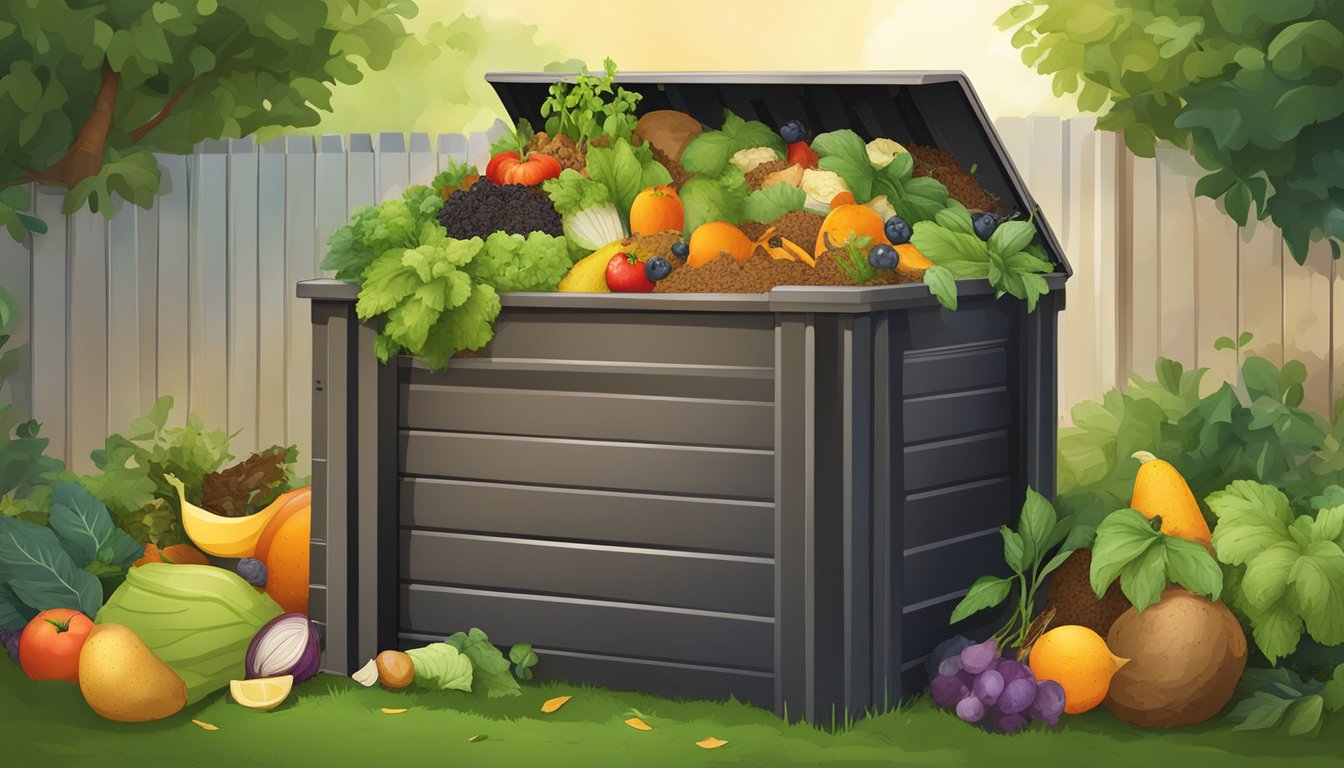 A backyard compost bin surrounded by a variety of organic waste, including fruit and vegetable scraps, leaves, and grass clippings