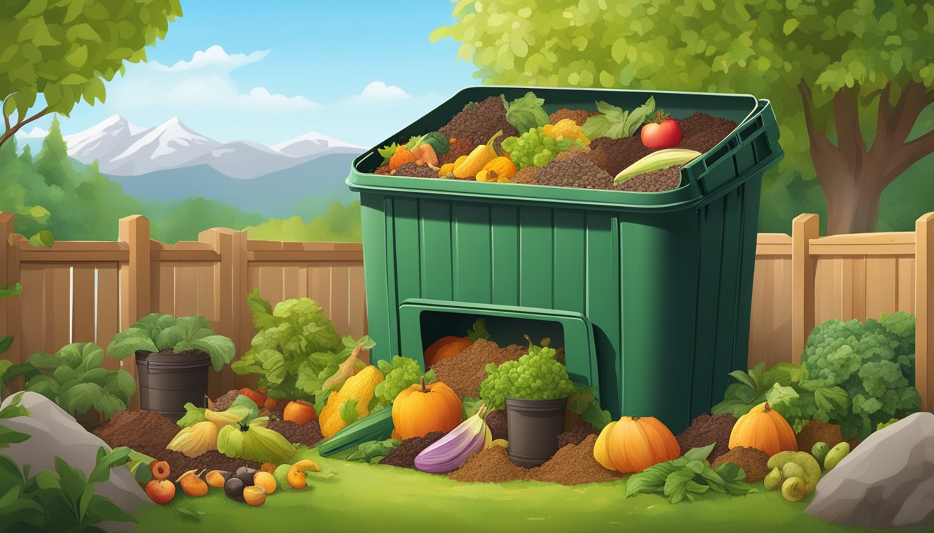 A backyard compost bin surrounded by a variety of organic waste, including fruit and vegetable scraps, leaves, and coffee grounds. The bin is situated in a sunny area with a backdrop of trees and a mountain in the distance