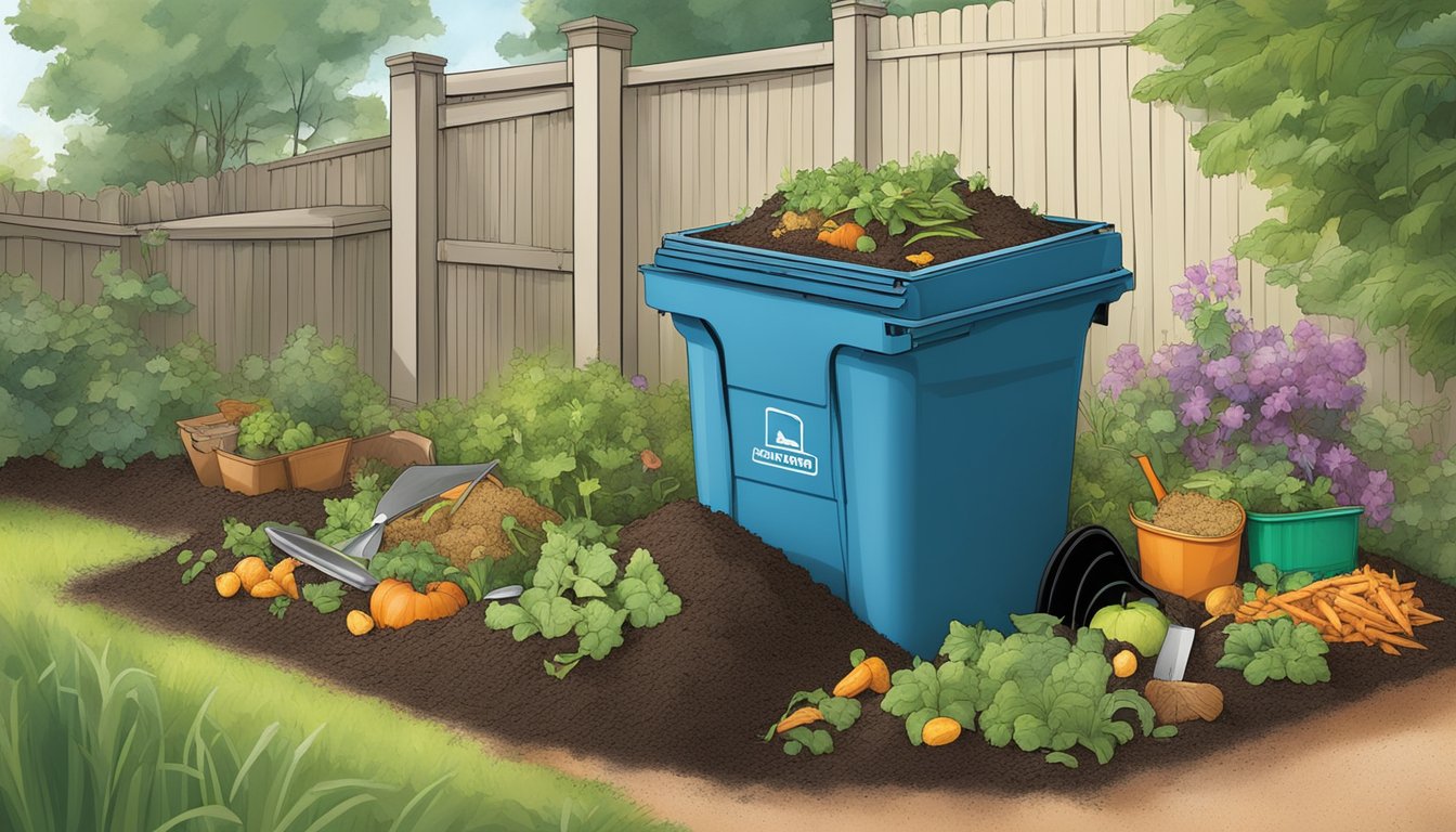 A backyard compost bin surrounded by kitchen scraps, yard waste, and a shovel in Akron, Ohio