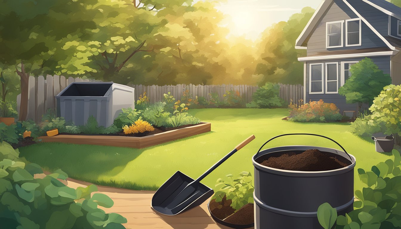 A backyard in Cleveland, Ohio with a compost bin, shovel, and various organic materials scattered around. The sun is shining and there are trees in the background