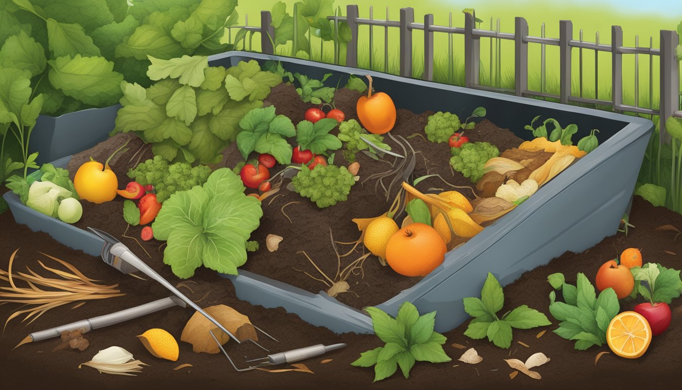 A compost pile surrounded by a variety of organic waste, including fruit and vegetable scraps, leaves, and grass clippings. A pitchfork and compost thermometer are nearby