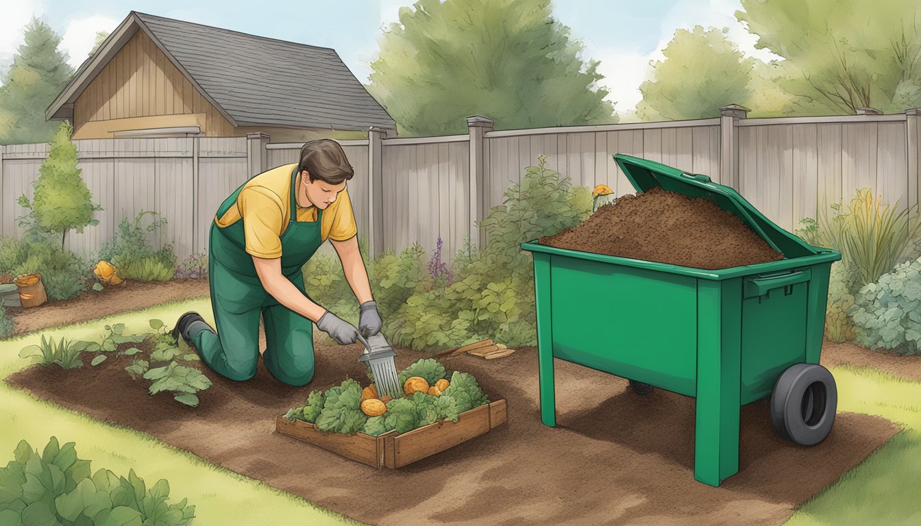 A person adding food scraps and yard waste to a compost bin in a backyard garden in Bend, OR