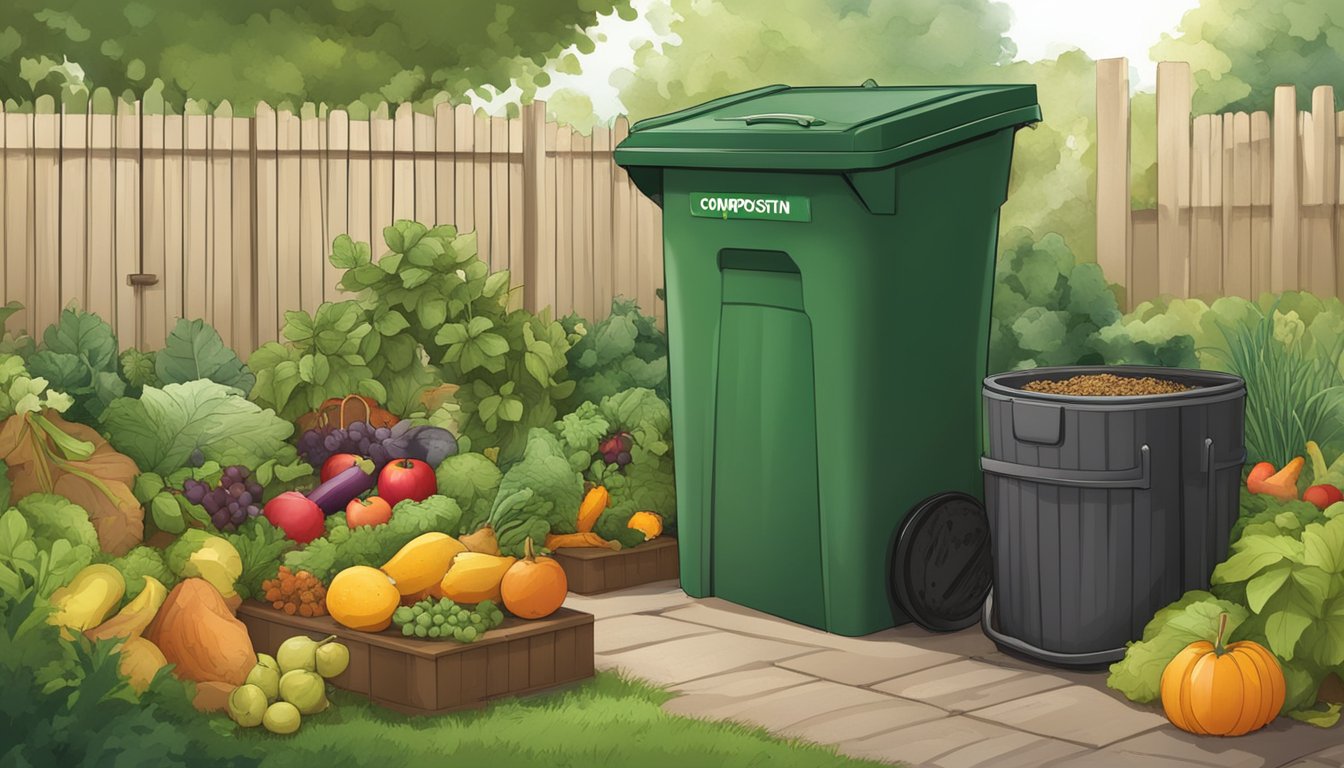 A lush garden with a compost bin, filled with fruit and vegetable scraps, leaves, and grass clippings. A sign nearby lists acceptable and unacceptable items for composting