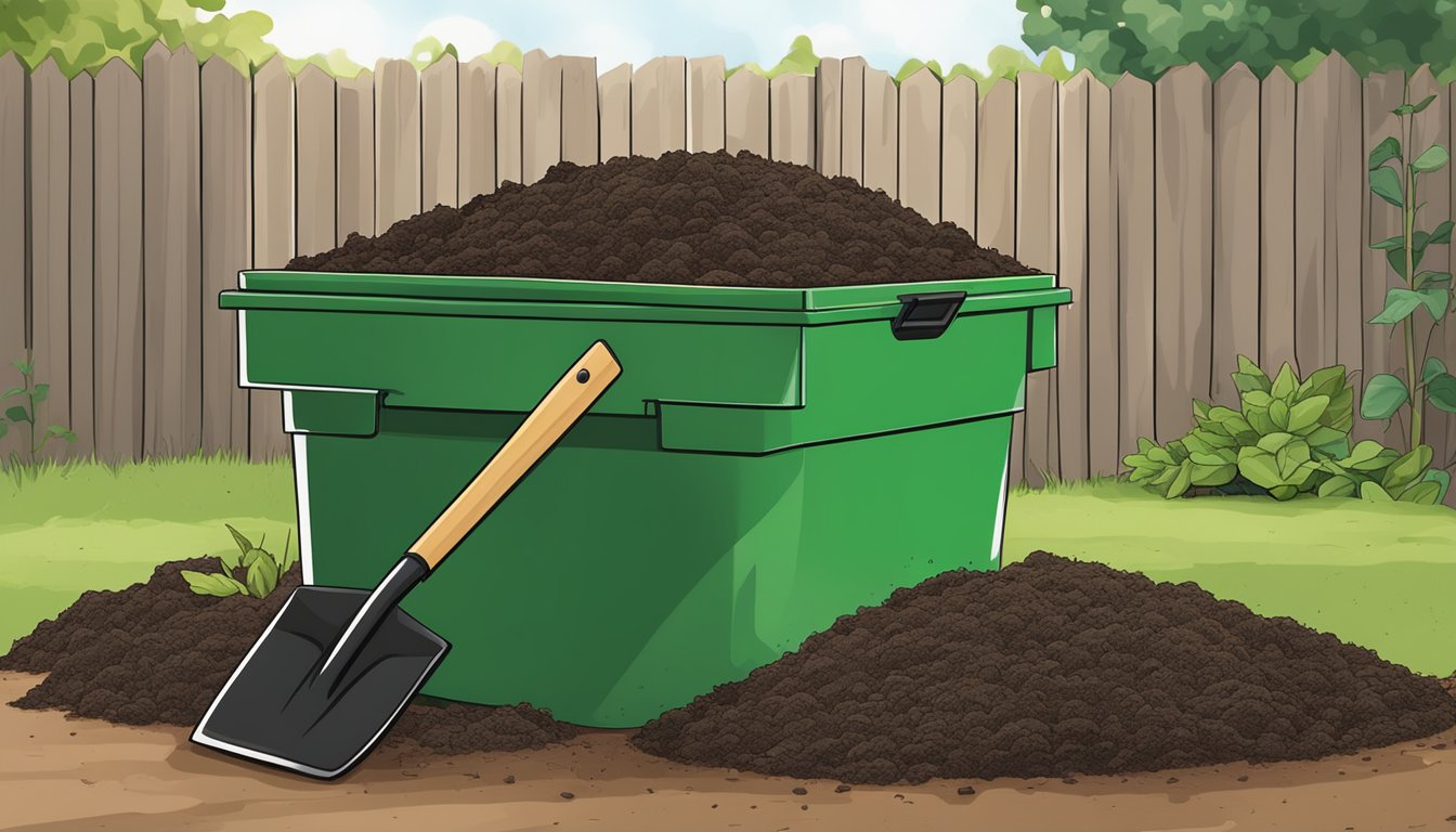 A pile of composting materials surrounded by a compost bin, shovel, and gardening gloves in an Akron, OH backyard