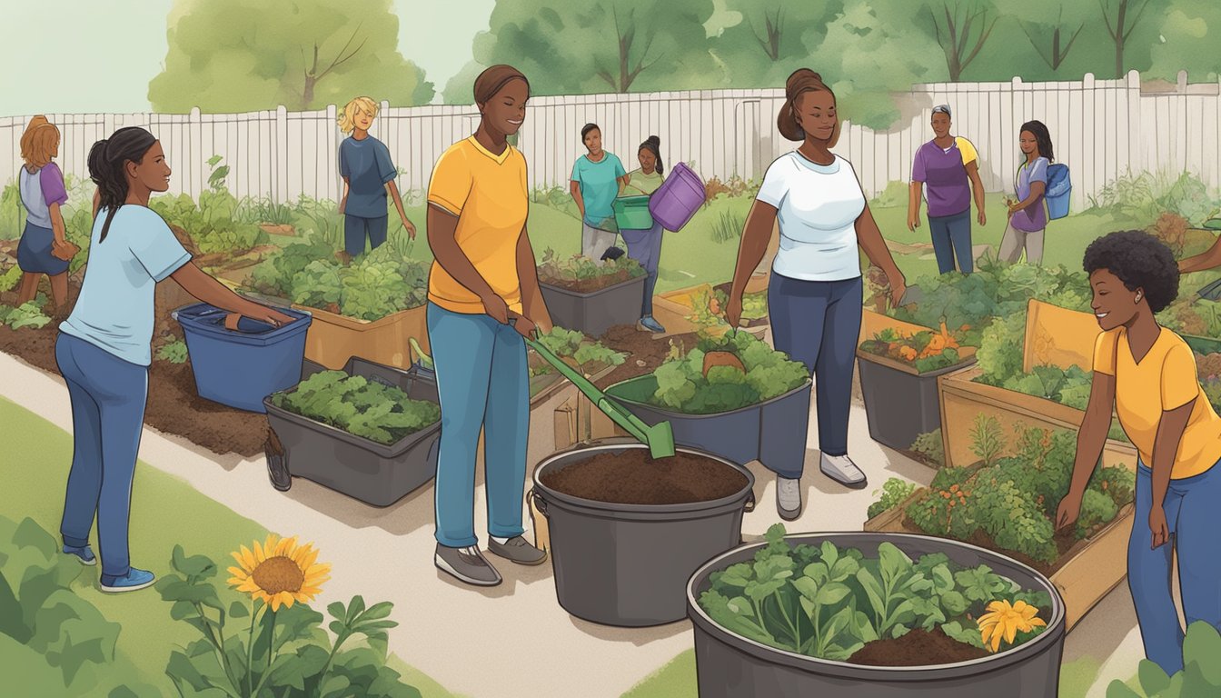 A diverse group of people in Akron, OH work together to compost and reduce environmental impact. They are surrounded by community gardens and recycling bins