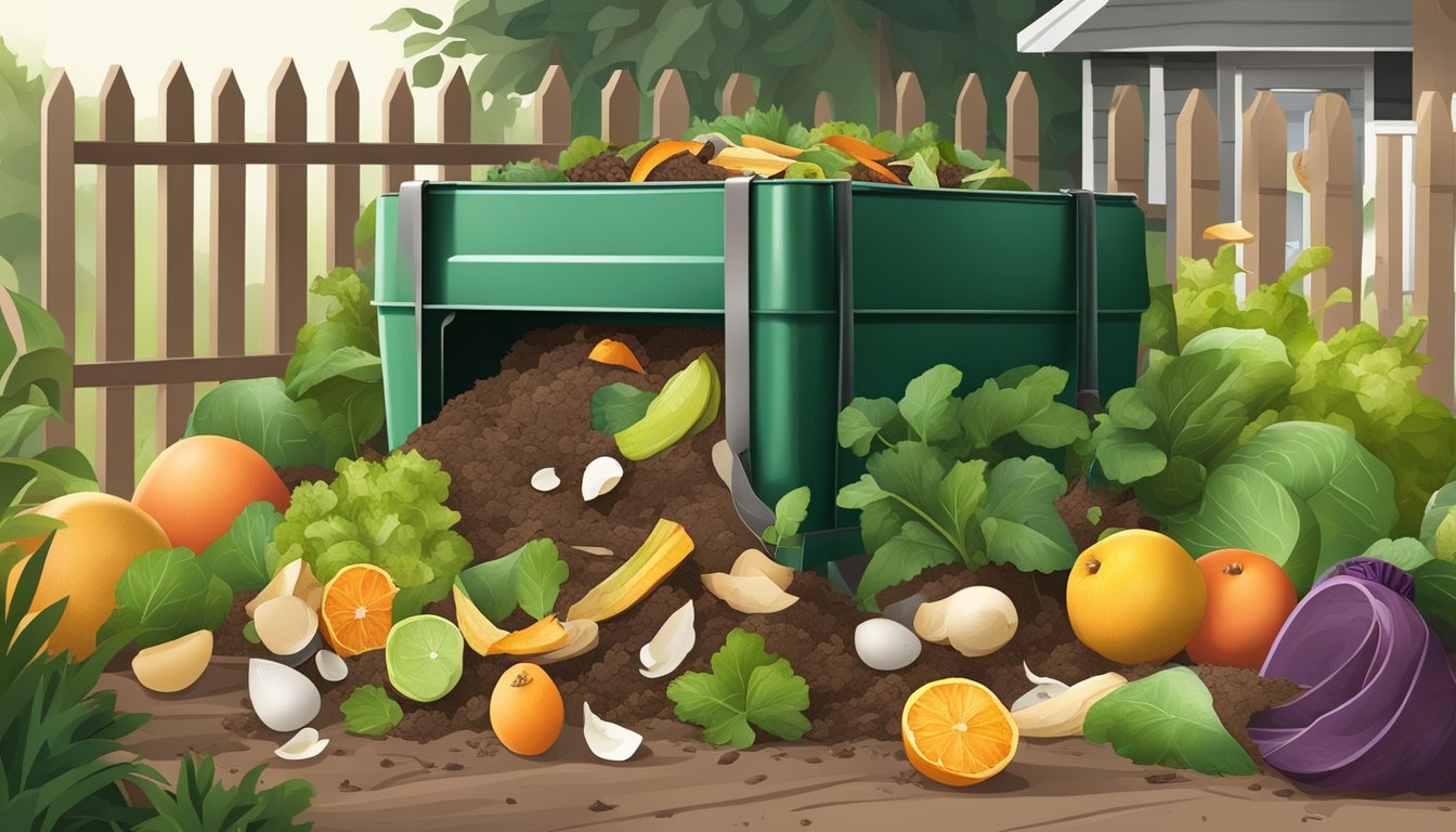 A backyard compost bin surrounded by a variety of organic waste materials, including fruit and vegetable scraps, eggshells, and yard clippings