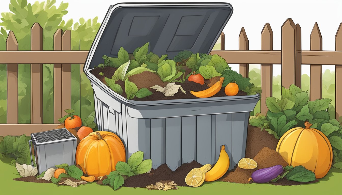 A backyard compost bin surrounded by a variety of organic waste, including fruit peels, vegetable scraps, and yard trimmings. A small sign nearby outlines composting regulations and guidelines