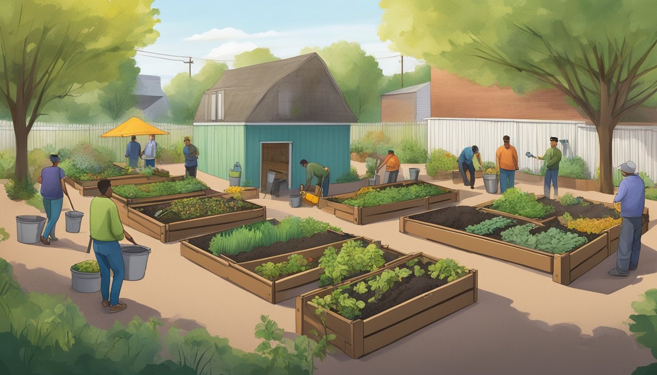 A community garden in Cleveland, OH with compost bins, a tool shed, and a group of people working together to compost organic waste