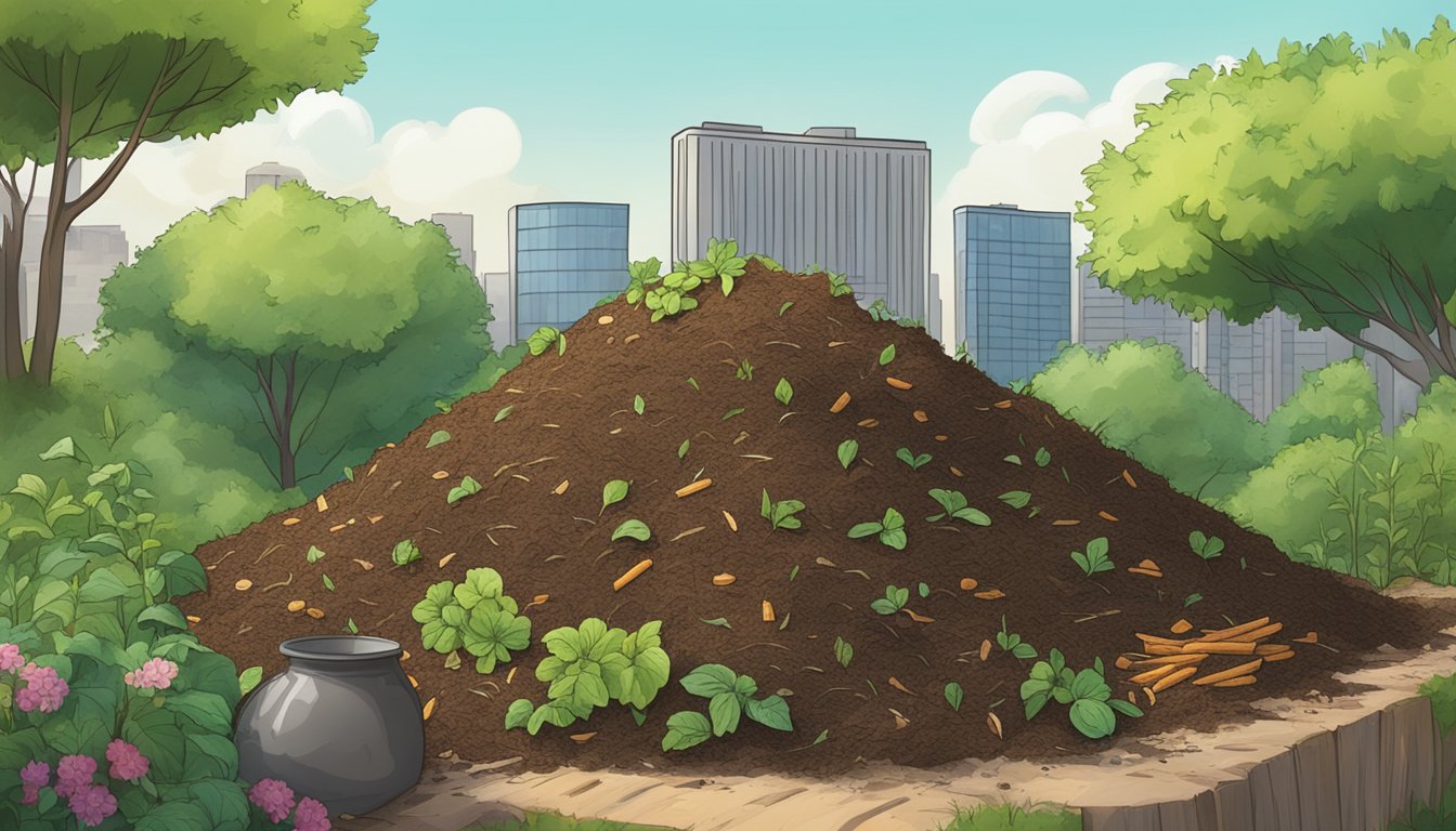 A backyard compost pile surrounded by greenery and a small city skyline in the background