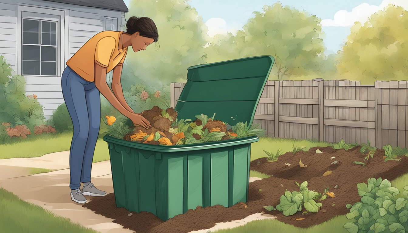 A person placing food scraps and yard waste into a compost bin in a backyard garden