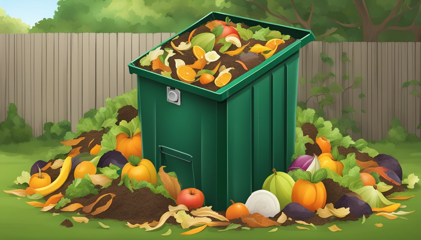 A backyard compost bin surrounded by a variety of organic waste, including fruit peels, vegetable scraps, and yard clippings