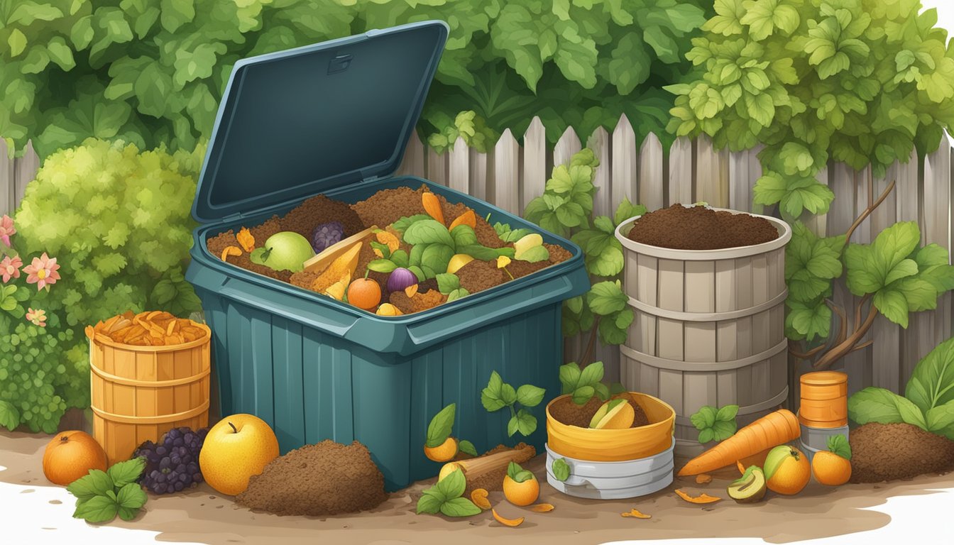 A backyard compost bin surrounded by various compostable materials such as fruit peels, vegetable scraps, and yard waste