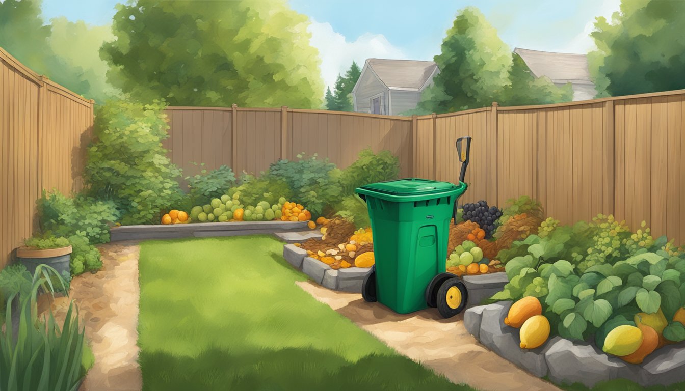 A backyard in Toledo, OH with a compost bin, a shovel, and various organic materials such as fruit peels, leaves, and grass clippings