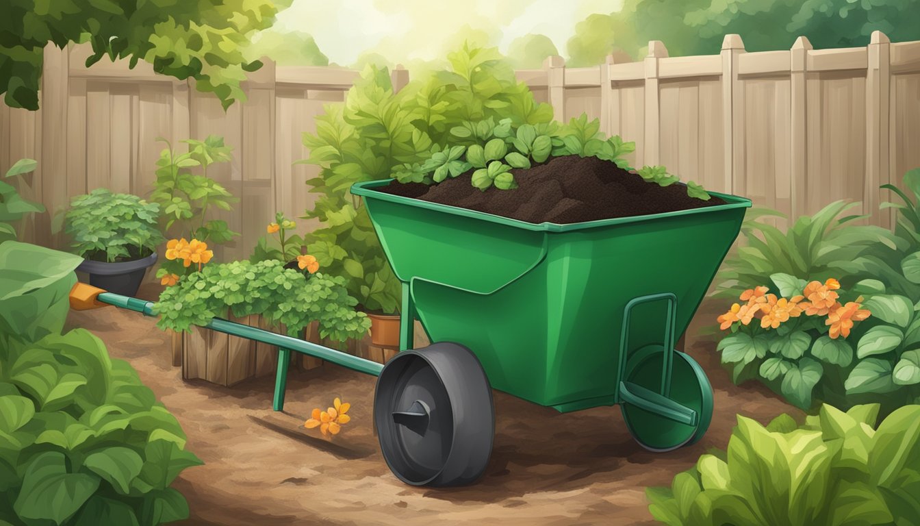 A backyard compost bin surrounded by green plants and a small garden, with a shovel and a wheelbarrow nearby