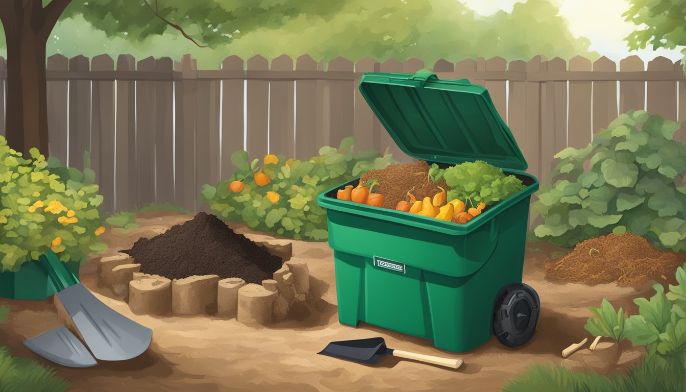 A backyard in Toledo, Ohio with a compost bin surrounded by a mix of food scraps, yard waste, and soil. A shovel and gardening gloves are nearby