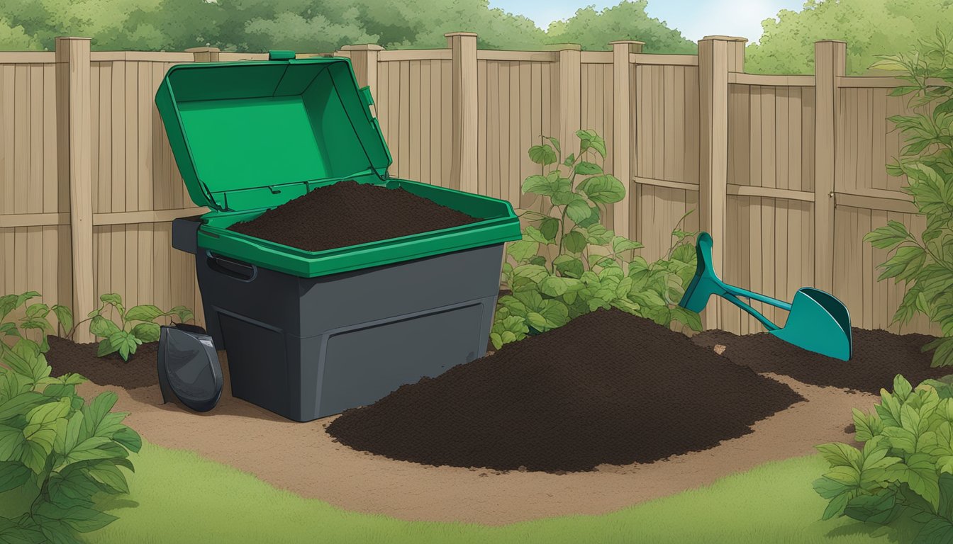 A backyard compost bin surrounded by greenery in Columbus, OH, with a shovel and a pile of finished compost nearby